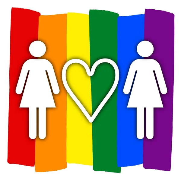 同性恋情侣与多彩多姿的彩虹圈子爱 Lgbt 夫妇符号 两个女人与心脏 — 图库照片