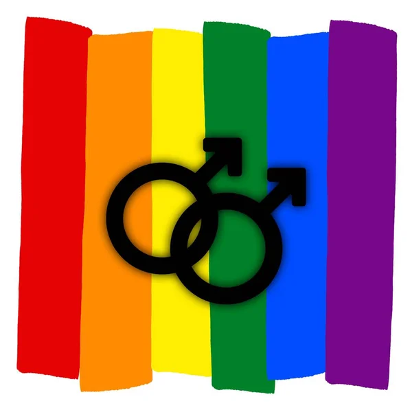 Gay Par Med Flerfärgad Regnbåge Flagga Kärlek Hbt Par Symbol — Stockfoto