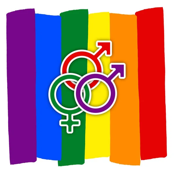 同性恋情侣与多彩多姿的彩虹旗爱 Lgbt 夫妇的象征 两个男人和一个女人 — 图库照片