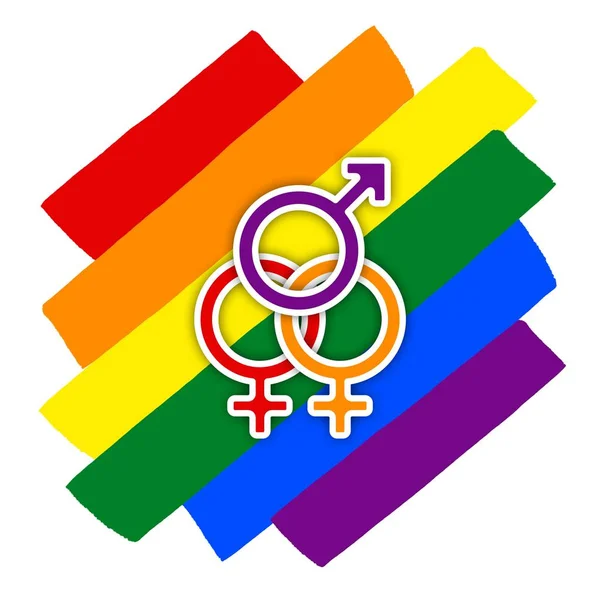 彩虹同性恋情侣骄傲旗斜 性别少数的象征 同性恋和女同性恋 一个男人和两个女人 — 图库照片