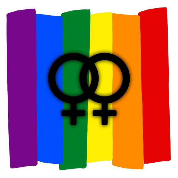 同性恋情侣与多彩多姿的彩虹旗爱 Lgbt 夫妇的象征 两个女人 — 图库照片
