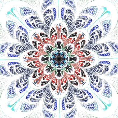 Güzel simetrik fraktal mavi mandala, çiçek veya kelebek, dijital sanat yaratıcı grafik tasarım için. Oluşturulan bilgisayar grafikleri.