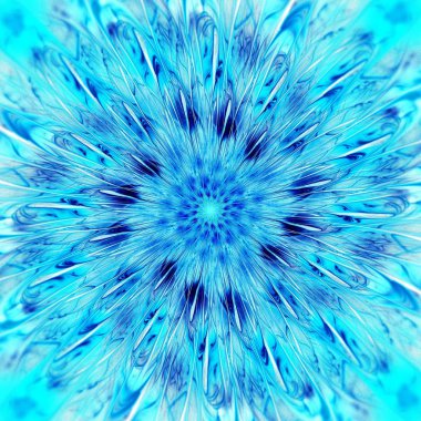 Güzel simetrik fraktal mavi mandala, çiçek veya kelebek, dijital sanat yaratıcı grafik tasarım için. Oluşturulan bilgisayar grafikleri.