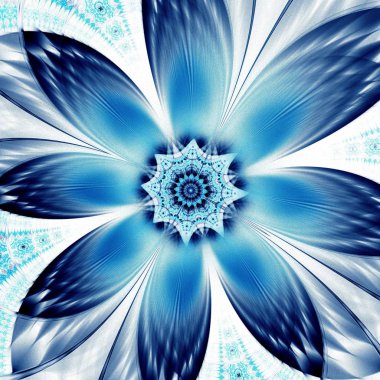 Güzel simetrik fraktal mavi mandala, çiçek veya kelebek, dijital sanat yaratıcı grafik tasarım için. Oluşturulan bilgisayar grafikleri.