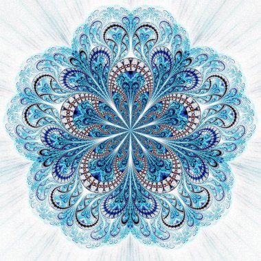 Güzel simetrik fraktal mavi mandala, çiçek veya kelebek, dijital sanat yaratıcı grafik tasarım için. Oluşturulan bilgisayar grafikleri.