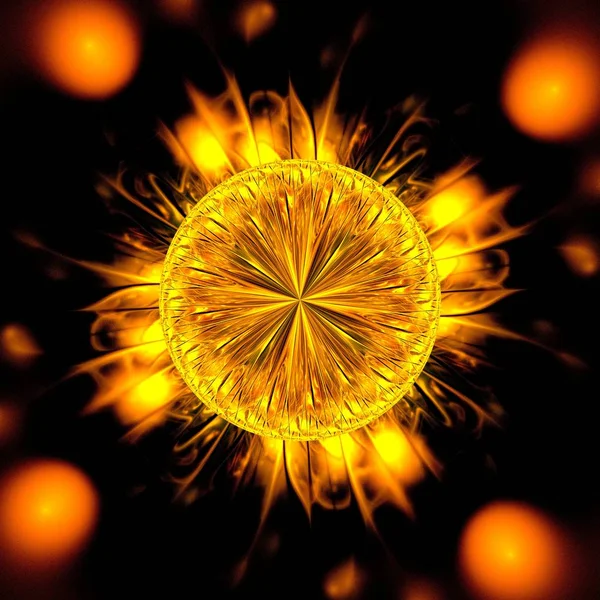 Прекрасне Симетричне Фрактальне Сонце Фокус Коло Жовте Цифрове Мистецтво Творчого — стокове фото