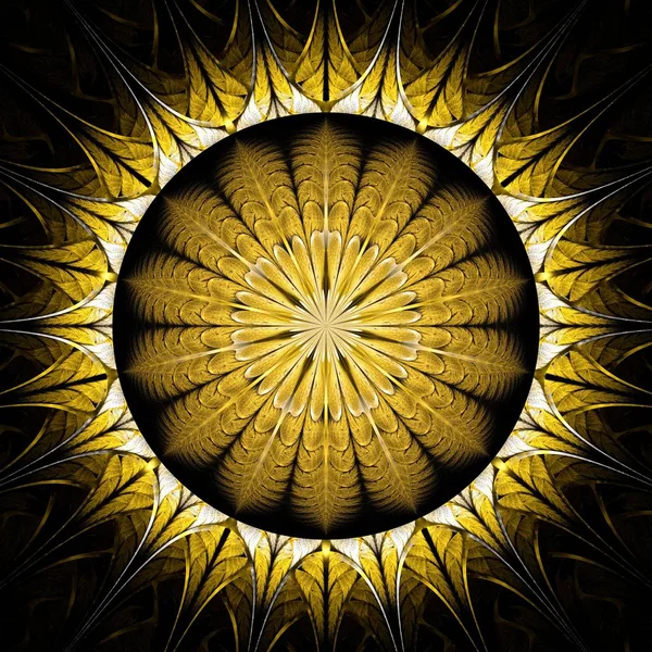 Beautiful Symmetrical fractal sun, focus, circle, yellow, digital artwork for creative graphic design. Computer generated graphics.