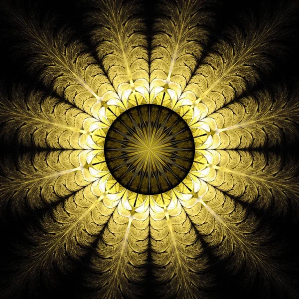 Indah Symmetrical Fractal Sun Focus Circle Yellow Digital Artwork Untuk — Stok Foto