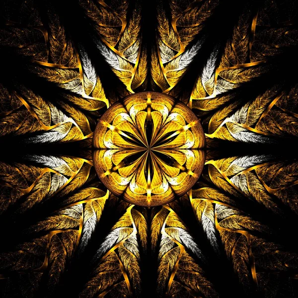 Güzel Simetrik Fraktal Güneş Odak Daire Sarı Dijital Sanat Yaratıcı — Stok fotoğraf