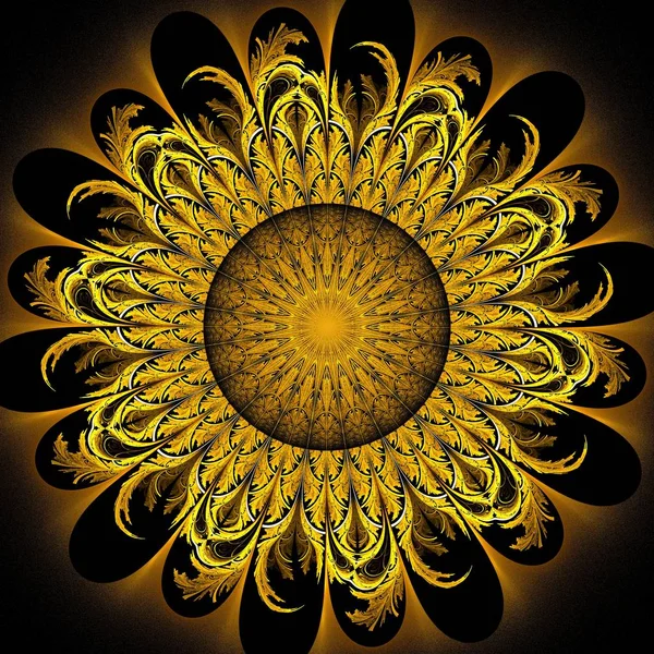 Beautiful Symmetrical Fractal Sun Focus Circle Yellow Digital Artwork Creative — Stock Photo, Image