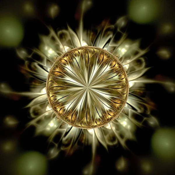 Beautiful Symmetrical Fractal Sun Focus Circle Yellow Digital Artwork Creative — Stock Photo, Image