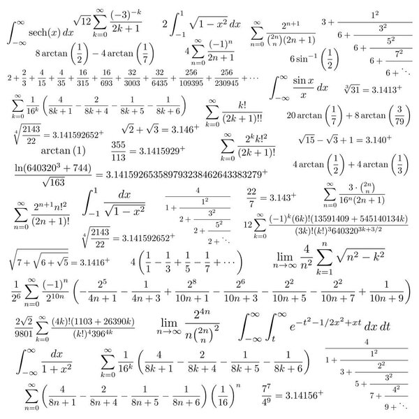 Символ Пи математическое постоянное иррациональное число, греческая буква, и многие формулы фона
