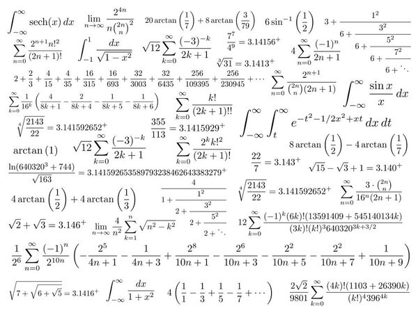 Символ Пи математическое постоянное иррациональное число, греческая буква, и многие формулы фона
