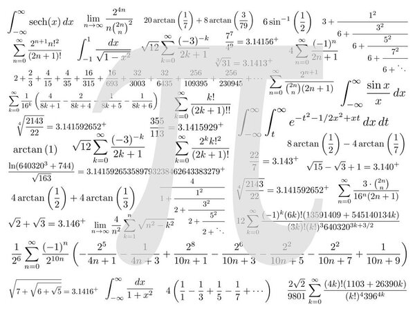 Символ Пи математическое постоянное иррациональное число, греческая буква, и многие формулы фона
