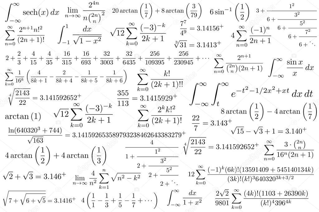 The Pi symbol mathematical constant irrational number, greek letter, and many formulas background