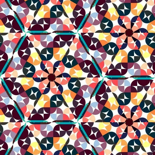 Abstrakte bunte Sechseck Quadrat geometrische nahtlose Muster symmetrische Kaleidoskop-Mode — Stockfoto