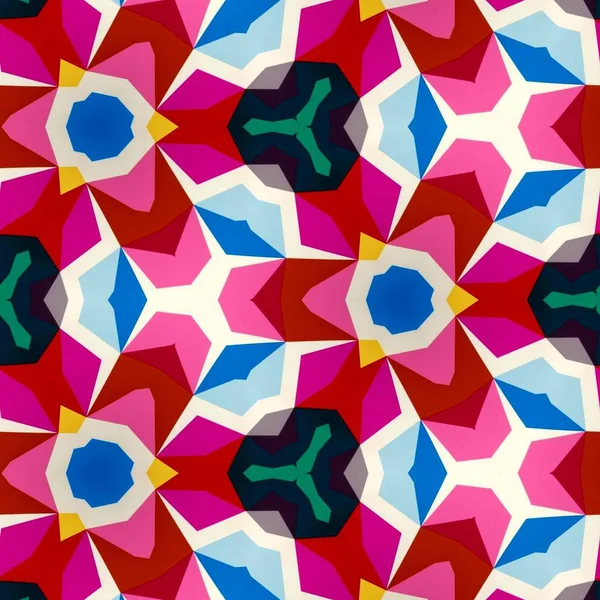 抽象的なカラフルな六角形正方形のシームレス パターンの幾何学的対称万華鏡ファッション — ストック写真