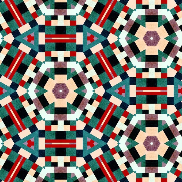 Abstract Kleurrijke Zeshoek Vierkante Geometrische Naadloze Patroon Symmetrische Caleidoscoop Mode — Stockfoto