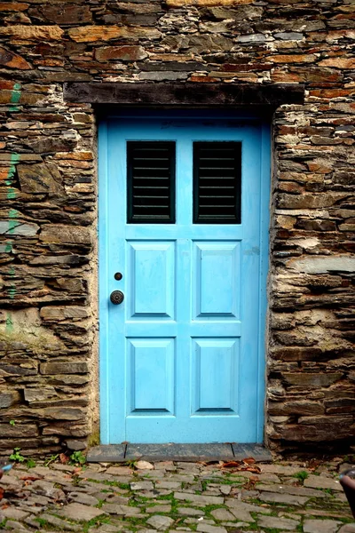 Rustic Handhewn Wood Window Set Stone Wall Built Schist Piodo — Stock Photo, Image