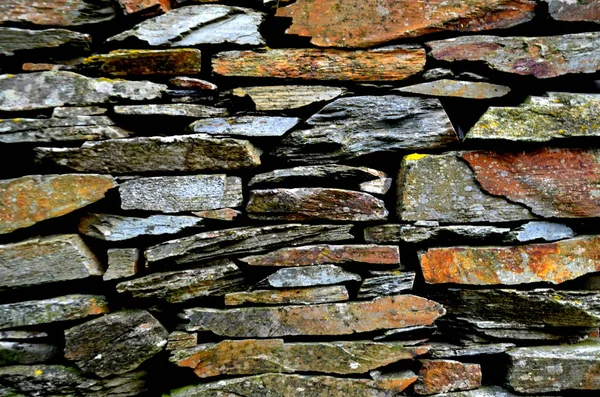 Vue Détaillée Vieux Mur Pierre Traditionnel Construit Partir Schiste Piodao — Photo