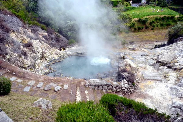 Geysers Volcano Caldera Hot Springs Fumarole Bubbling Smoking Furnas Sao — Stock Photo, Image