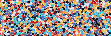 Seyrek suluboya konfeti nokta beyaz arka plan üzerinde renkli. Kaotik desen daire dijital. En boy oranı 3:1