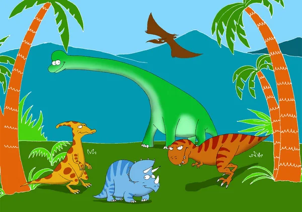 Söt Illustration Grupp Dinosaurier — Stockfoto