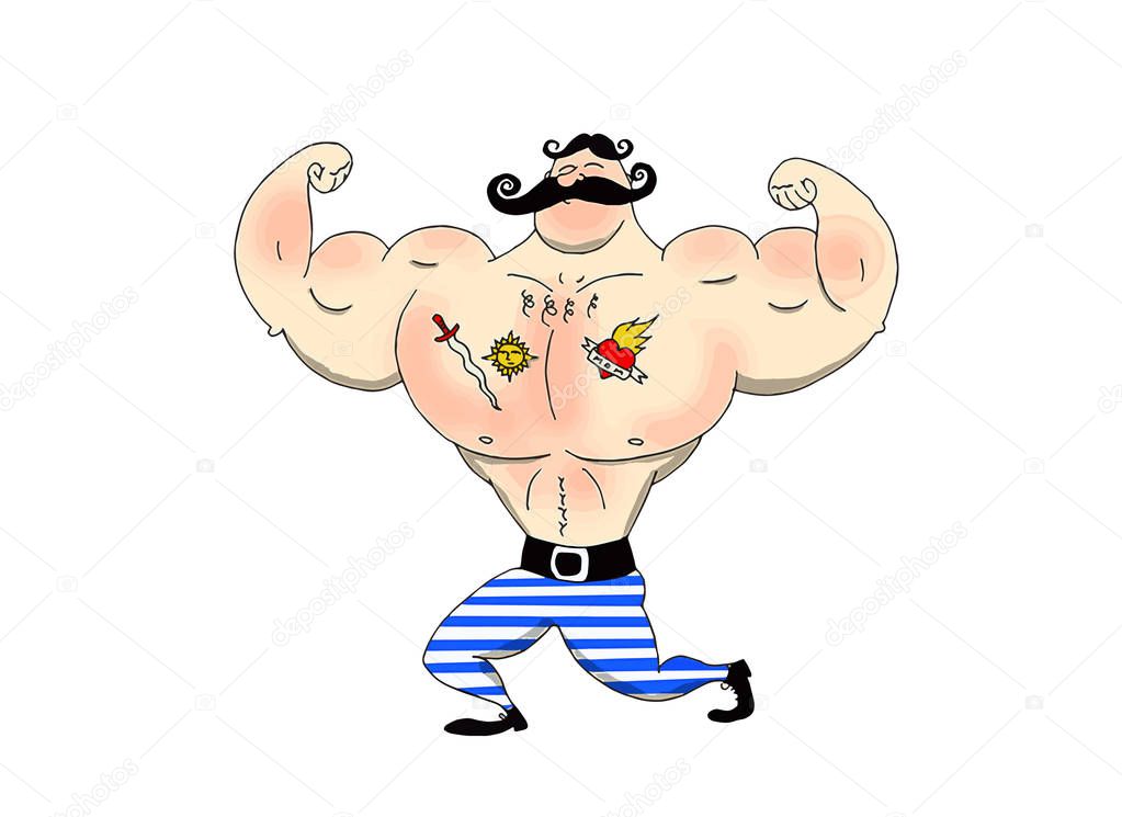 Illustration of a tattooed strongman with a mustache