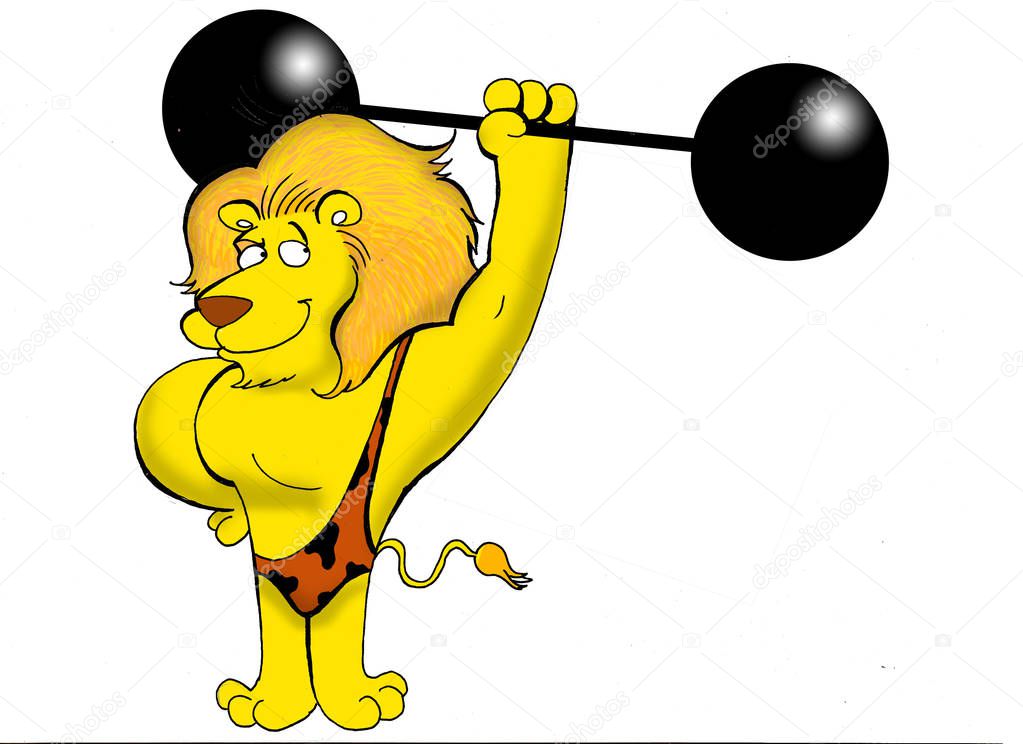 Cute illustration of a strong lion lifting some weights