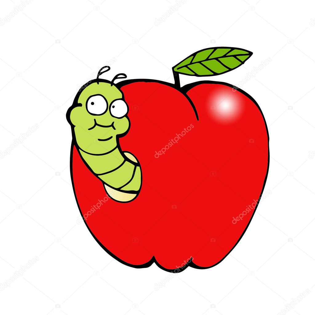Cute illustration of a worm coming out of an apple