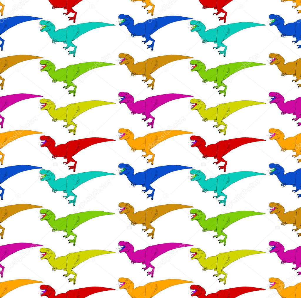 Repeating pattern of colorful dinosaurs