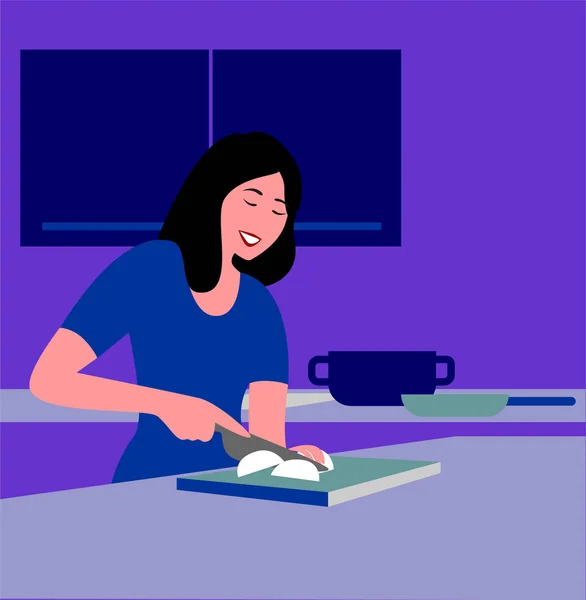 Vectorillustratie Van Een Uien Snijden Vrouw Haar Keuken — Stockvector