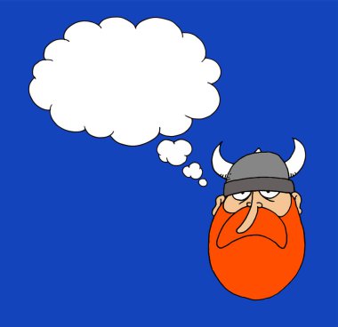 Boynuzları olan bir kask ile viking köyden Kızıl saçlı bir adam komik çizimi