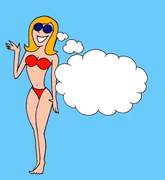 Illusztráció Egy Csinos Lány Bikini Hosszú Haj Napszemüveg — Stock Vector