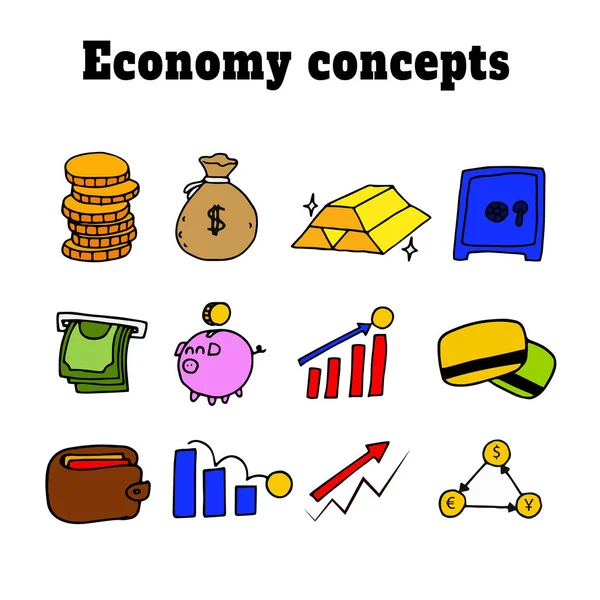Conjunto Ilustrações Com Símbolos Conceitos Econômicos —  Vetores de Stock