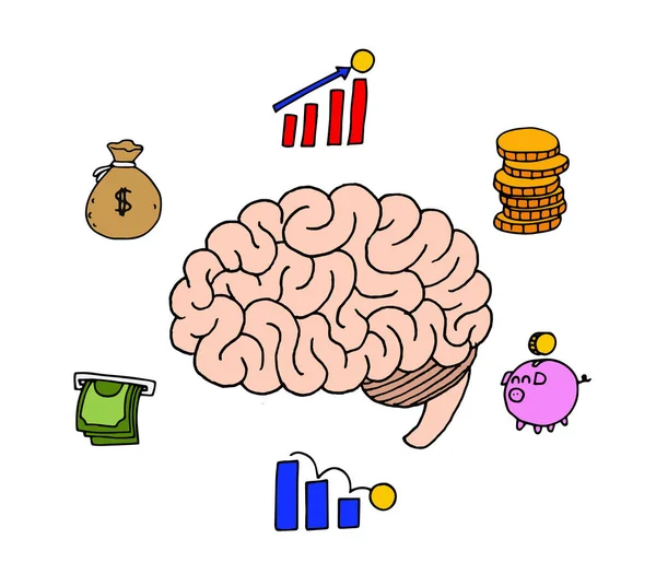 Illustration Eines Gehirns Das Von Verschiedenen Ikonen Wirtschaftlicher Konzepte Umgeben — Stockvektor