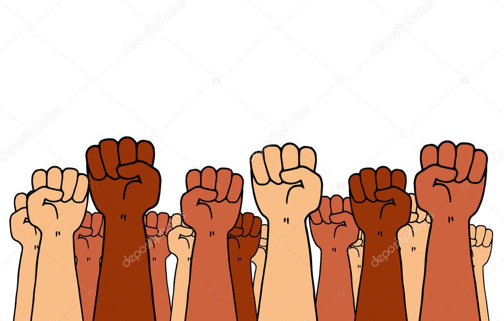 Illustration of a bunch of arms with fists held high as a symbol of social struggle and resistance