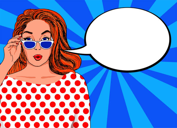 Поп иллюстрация красивой женщины с булавкой взгляд с пузырьком, в котором вы можете поставить рекламное сообщение
