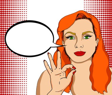 Bir reklam mesajı koyabilirsiniz bir kabarcık ile pin kadar bakmak ile güzel bir kadının pop Illustration