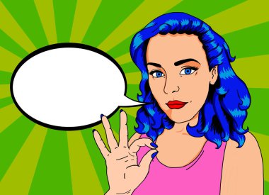 Bir reklam mesajı koyabilirsiniz bir kabarcık ile pin kadar bakmak ile güzel bir kadının pop Illustration