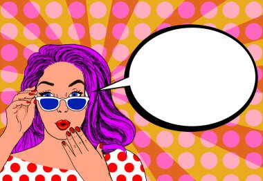 Bir reklam mesajı koyabilirsiniz bir kabarcık ile pin kadar bakmak ile güzel bir kadının pop Illustration