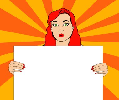 İstediğiniz her şeyi koyabilirsiniz boş bir işareti ile bir kadının Retro Pop Illustration