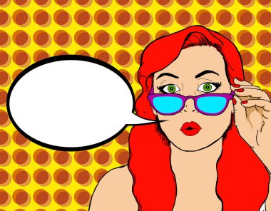 Bir reklam mesajı koyabilirsiniz bir kabarcık ile pin kadar bakmak ile güzel bir kadının pop Illustration