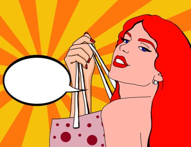 Bir reklam mesajı koyabilirsiniz bir kabarcık ile pin kadar bakmak ile güzel bir kadının pop Illustration