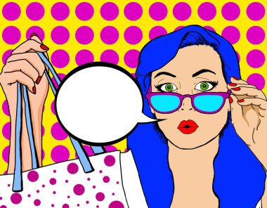 Bir reklam mesajı koyabilirsiniz bir kabarcık ile pin kadar bakmak ile güzel bir kadının pop Illustration