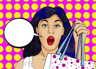 Bir reklam mesajı koyabilirsiniz bir kabarcık ile pin kadar bakmak ile güzel bir kadının pop Illustration