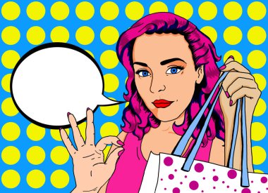 Bir reklam mesajı koyabilirsiniz bir kabarcık ile pin kadar bakmak ile güzel bir kadının pop Illustration