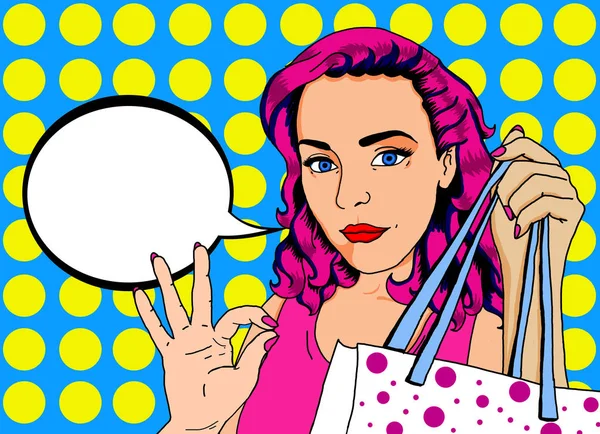 Bir reklam mesajı koyabilirsiniz bir kabarcık ile pin kadar bakmak ile güzel bir kadının pop Illustration