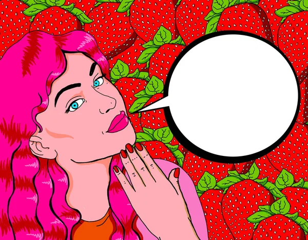 Illustrazione Pop Una Donna Pin Con Uno Sfondo Fragole Dietro — Foto Stock