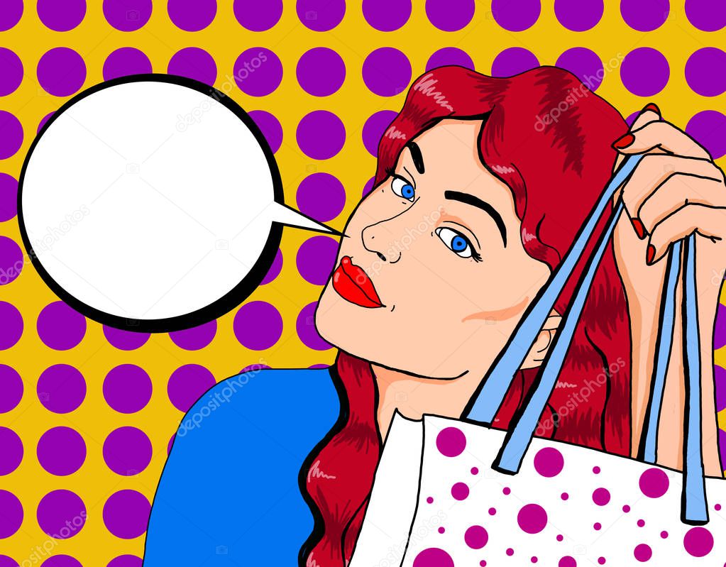 Pop illustration of a pretty woman with pin up look with a bubble in which you can put an advertising message